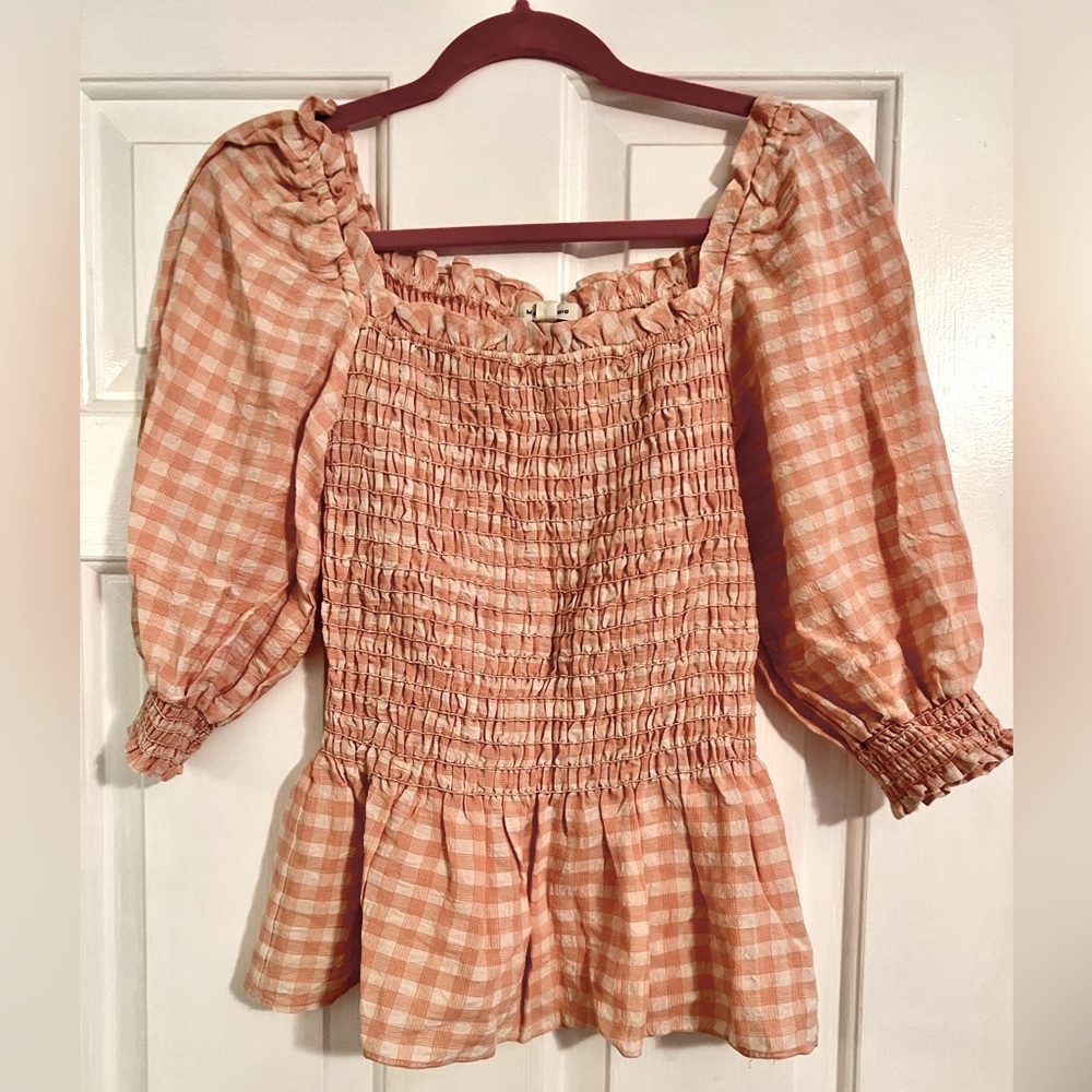 NWT Smocked Gingham Square Neck Peplum Top